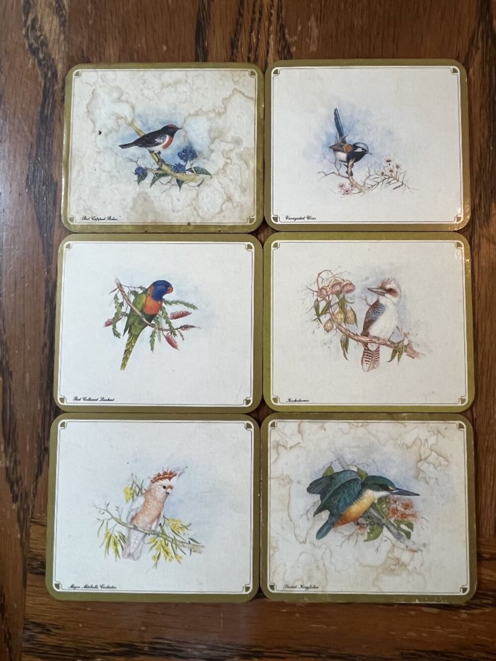 Vintage Set Of 6 Australian Bird Cork Back Coasters Dynasty